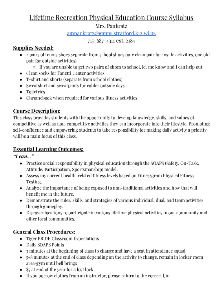 Fillable Online Lifetime Recreation Physical Education Course Syllabus