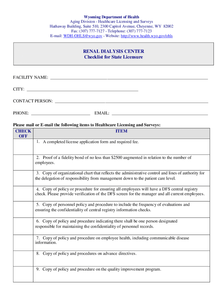 Fillable Online RENAL DIALYSIS CENTER Checklist for State Licensure Fax