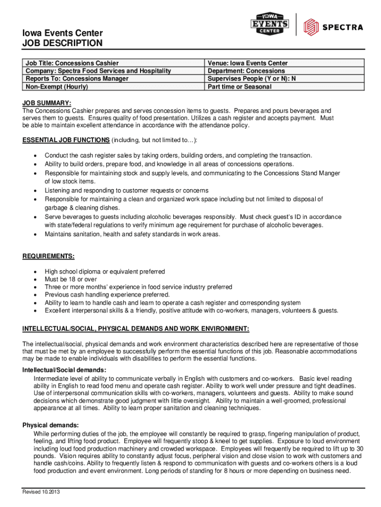 Fillable Online Concessions Cashier IAAM Job Description Fax Email