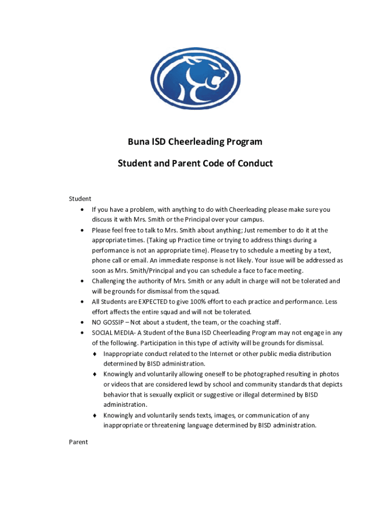 Fillable Online Buna ISD Cheerleading Program Student and Parent Code