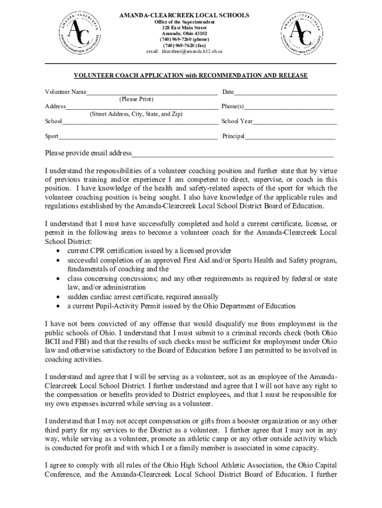 Fillable Online Home AmandaClearcreek Local School District Fax
