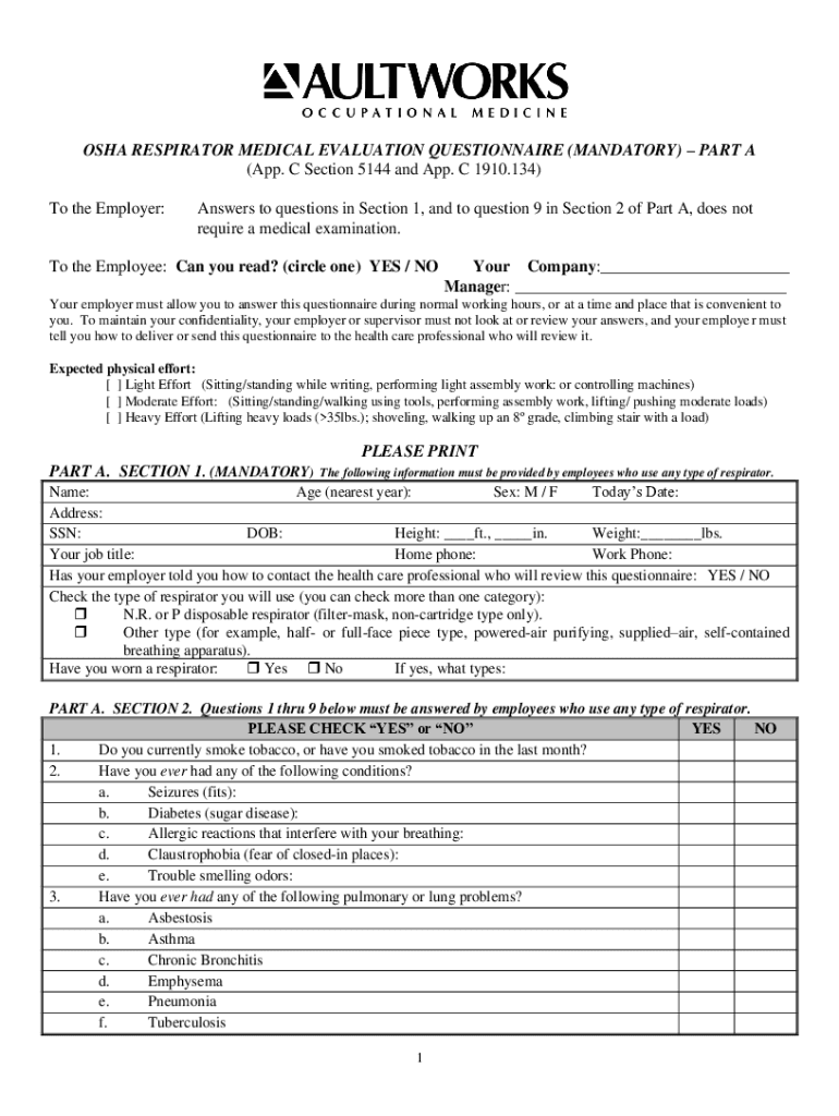 Fillable Online osha respirator medical evaluation questionnaire