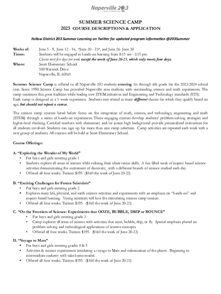 Fillable Online SUMMER SCIENCE CAMP Fax Email Print pdfFiller