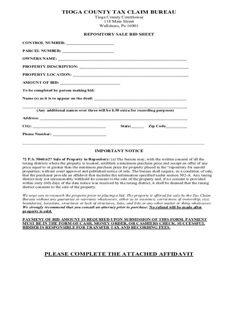 Fillable Online Tioga County Pa Tax Claim Bureau Fax Email Print