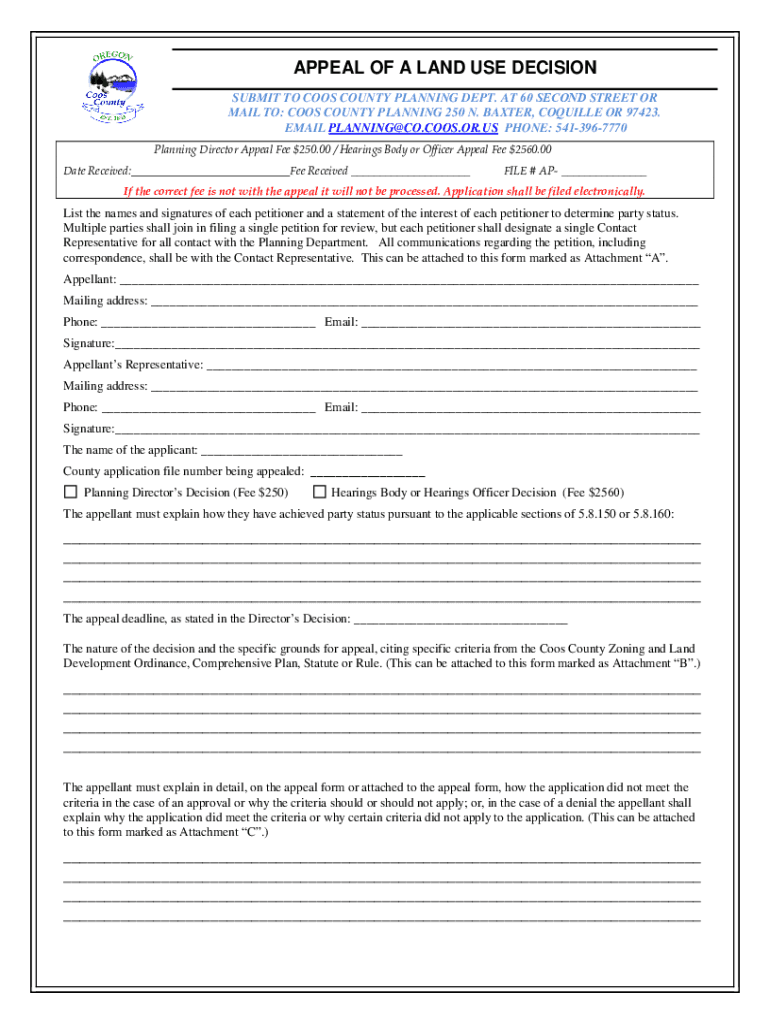 Fillable Online APPEAL OF A LAND USE DECISION Coos County OR Fax Email Print pdfFiller