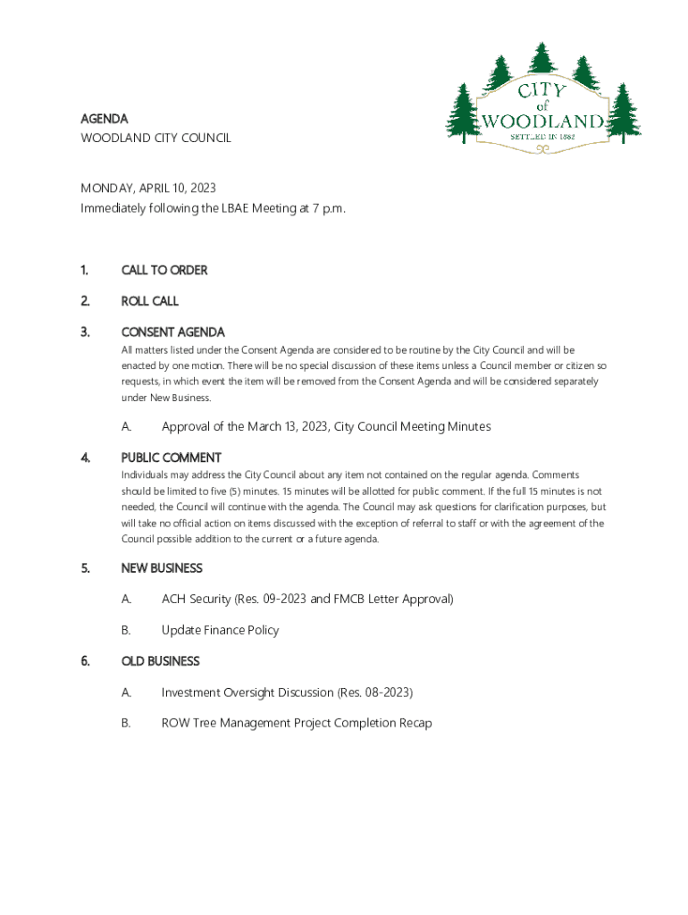 Fillable Online AGENDA WOODLAND CITY COUNCIL MONDAY, APRIL Fax