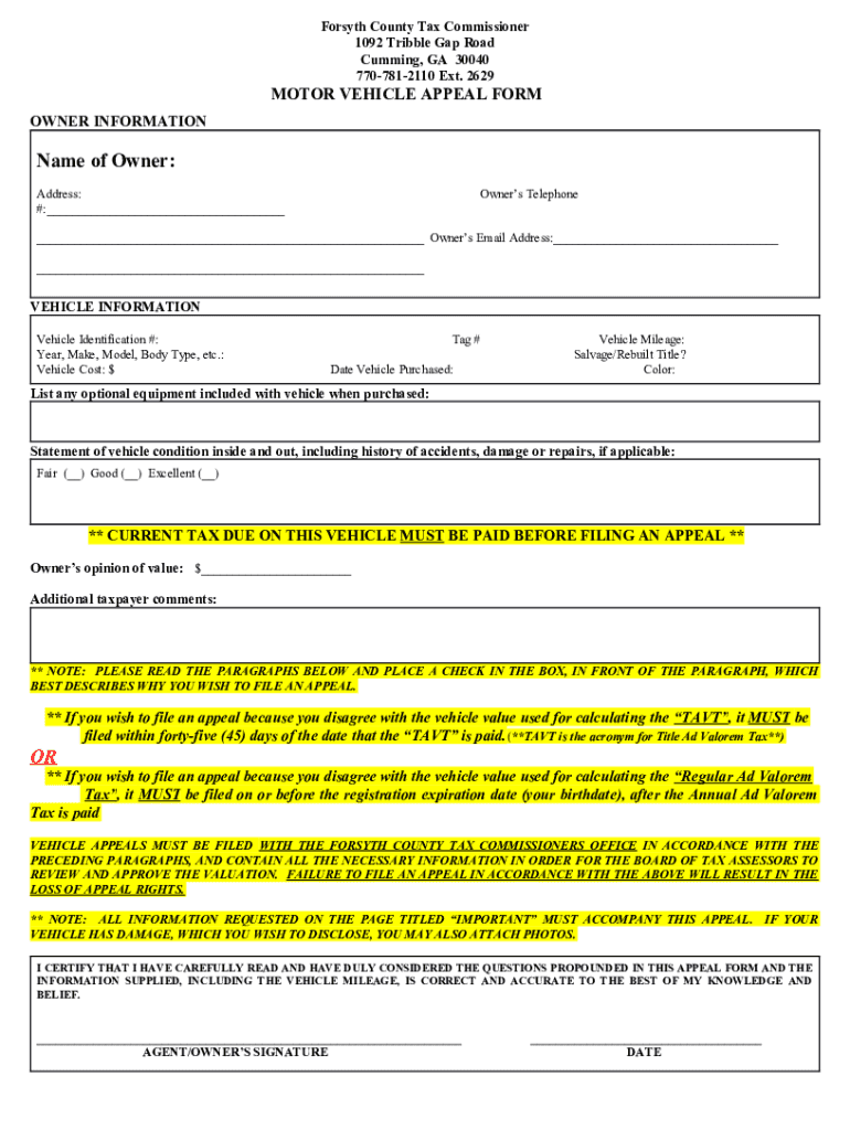 Fillable Online motor vehicle appeal form Forsyth County Tax Fax