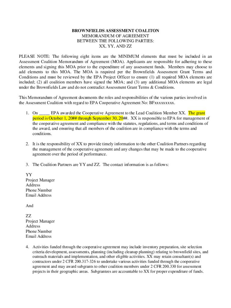 Fillable Online BROWNFIELDS ASSESSMENT COALITON MEMORANDUM OF AGREEMENT