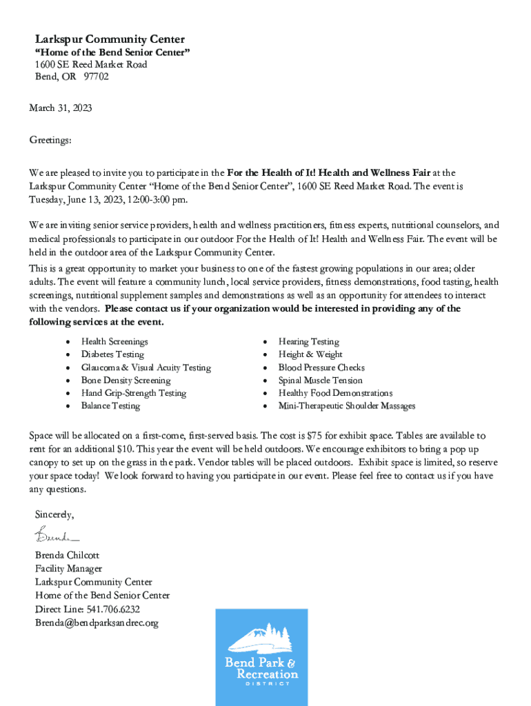 Fillable Online Bend Park & Rec's Flagship Larkspur Community Center