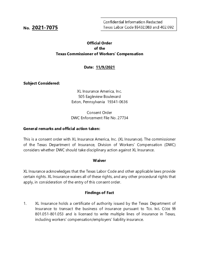 Fillable Online Consent Order XL Insurance America Inc. Fax Email