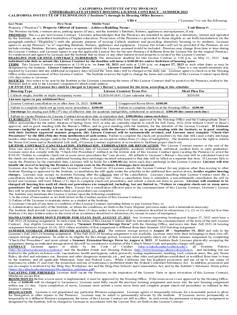 Fillable Online UNDERGRADUATE STUDENT HOUSING LICENSE CONTRACT SUMMER