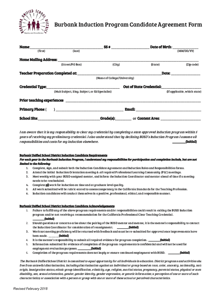Fillable Online Burbank Induction Program Candidate Agreement Form Fax Email Print pdfFiller