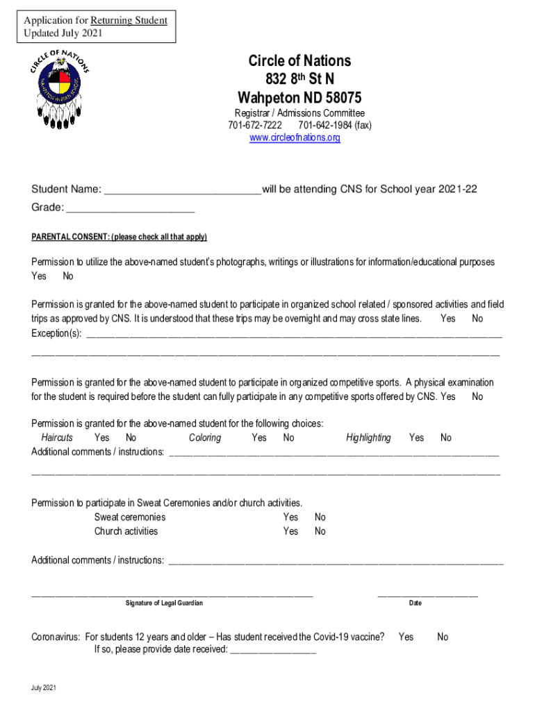 Fillable Online Circle of Nations School, 832 8th St N, Wahpeton, ND