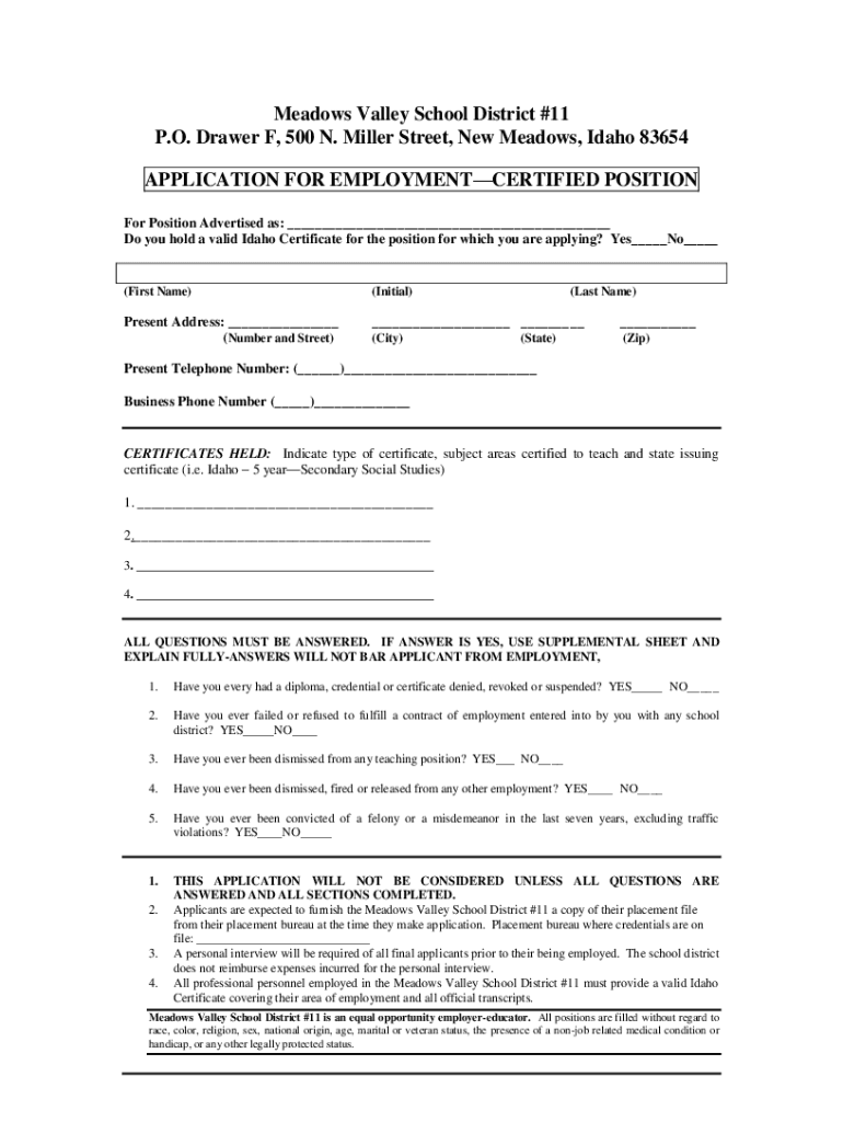 Fillable Online Meadows Valley School in New Meadows, ID Fax Email