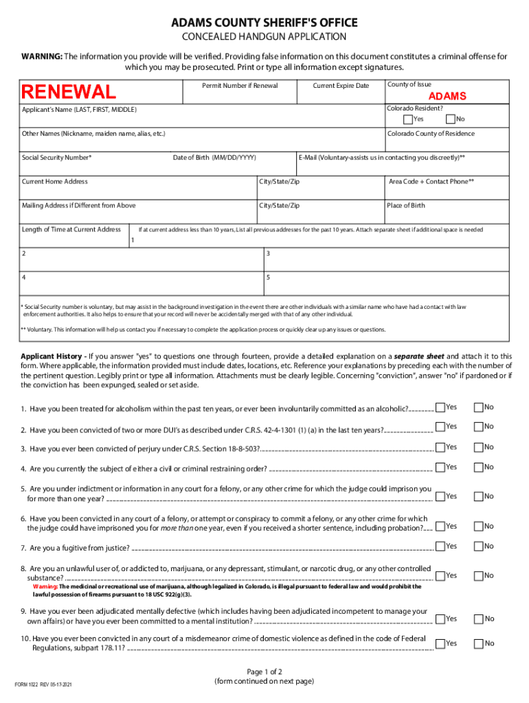 Fillable Online Adams County Colorado Concealed Permit PDF Form Fax Email Print pdfFiller