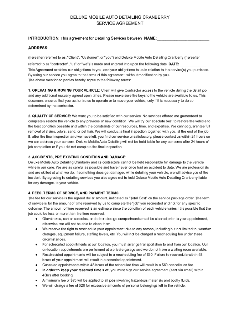 Fillable Online "I Agree" Deluxe Auto Detailing LLC Service Agreement