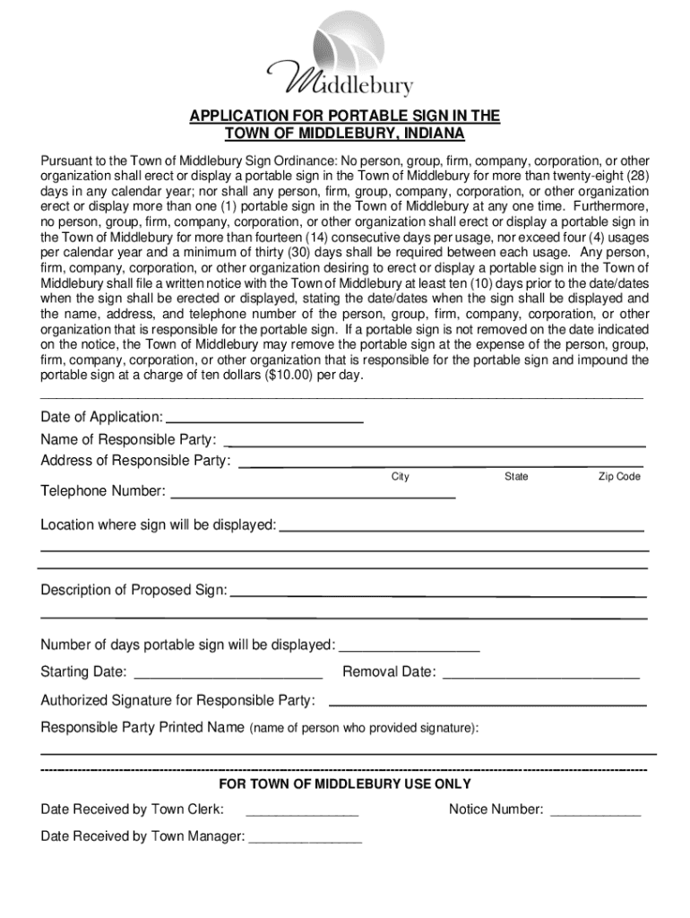 Fillable Online APPLICATION FOR PORTABLE SIGN IN THE TOWN OF Fax