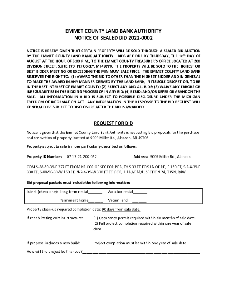 Fillable Online EMMET COUNTY LAND BANK AUTHORITY NOTICE OF Fax Email Print pdfFiller