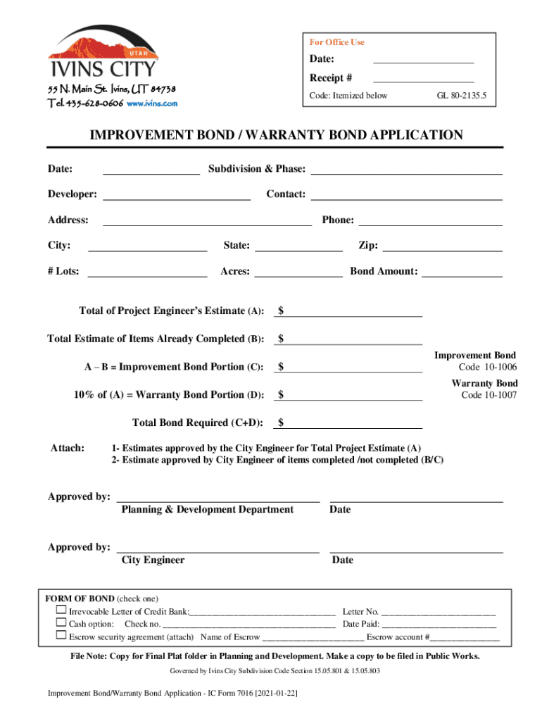 Fillable Online ImprovementBondWarrantyBondApplicationICForm