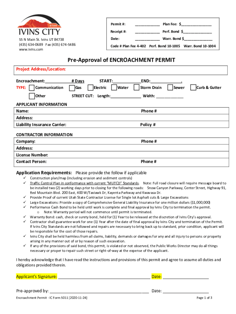 Fillable Online PreApproval of ENCROACHMENT PERMIT Fax Email Print