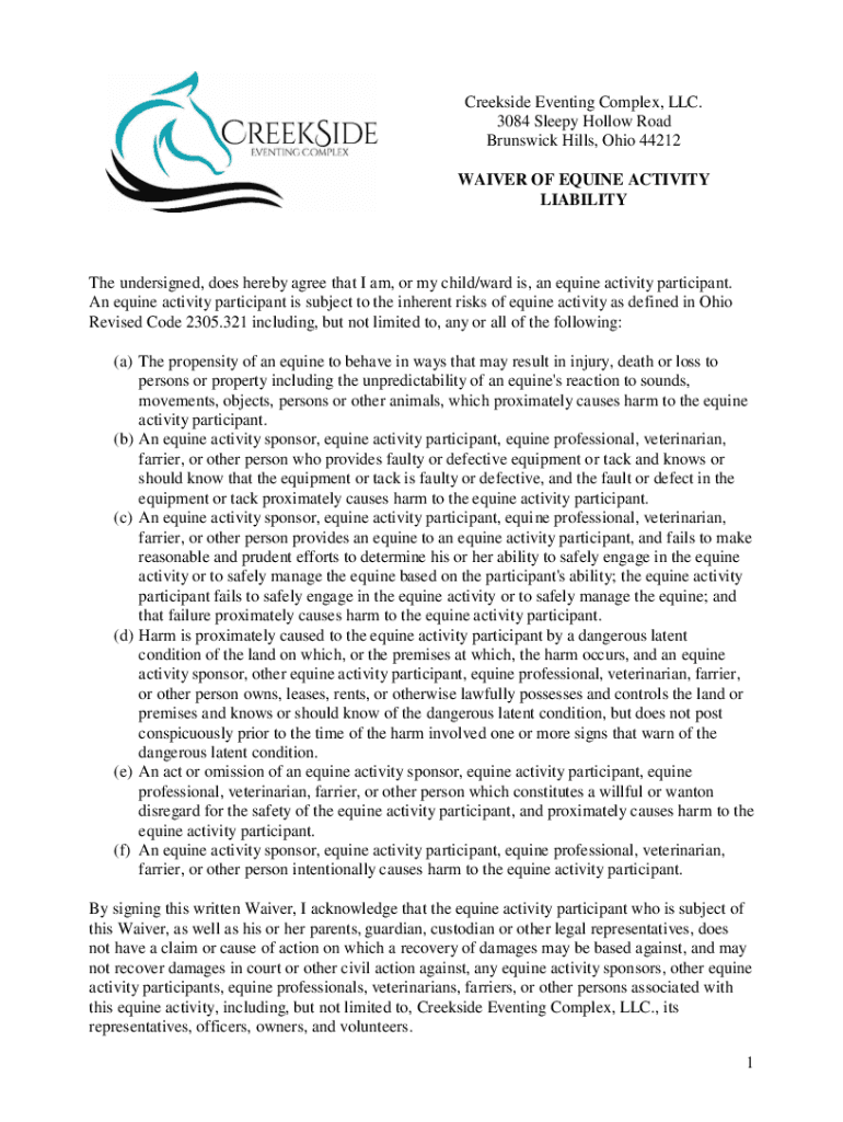 Fillable Online Warning Under Ohio law, an equine activity sponsor