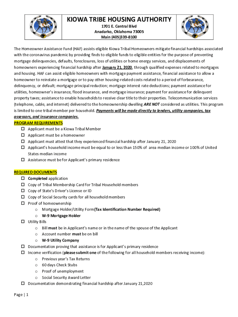 Fillable Online Kiowa Tribe Housing Authority 1701 E. Central Blvd