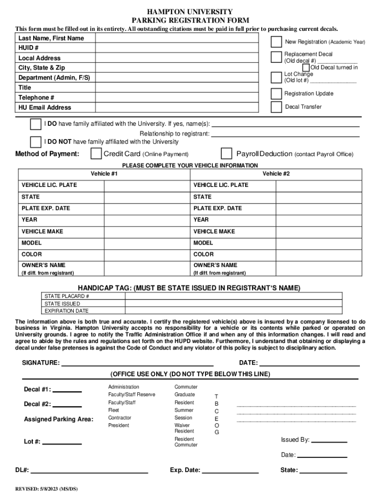 Fillable Online HAMPTON UNIVERSITY PARKING REGISTRATION FORM Fax Email