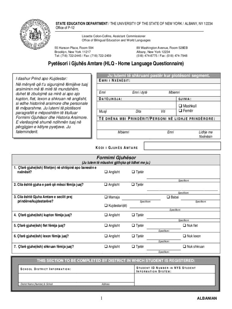 Fillable Online HLQ Home Language QuestionnaireAlbanian. Bilingual