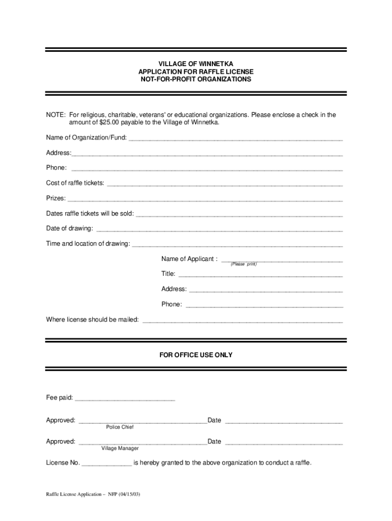 Fillable Online APPLICATION FOR A NOTFORPROFIT RAFFLE LICENSE Fax