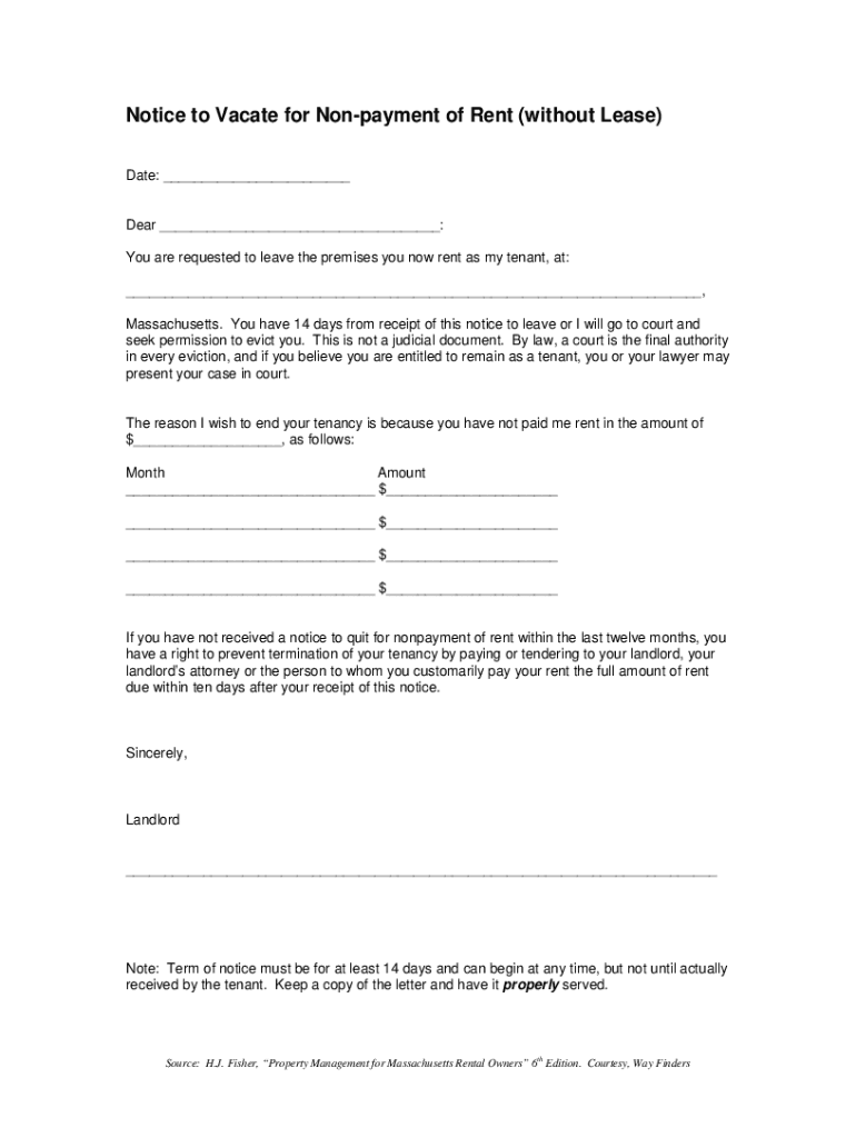 Fillable Online Notice to Vacate for Nonpayment of Rent (Without a