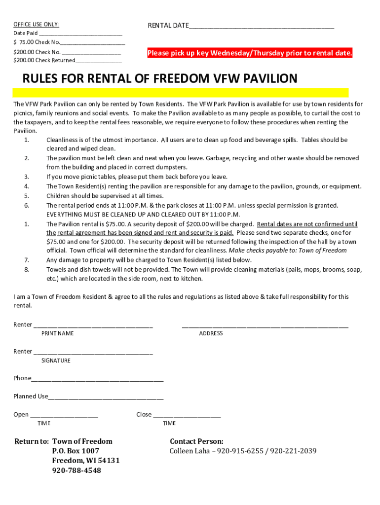 Fillable Online Rules for Rental of Freedom VFW PAVILION Fax Email