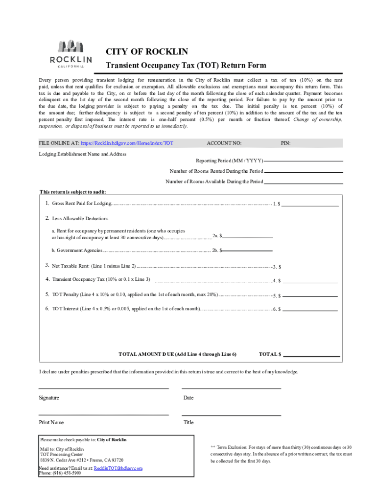 Fillable Online city of rocklin transient occupancy tax (tot) fact