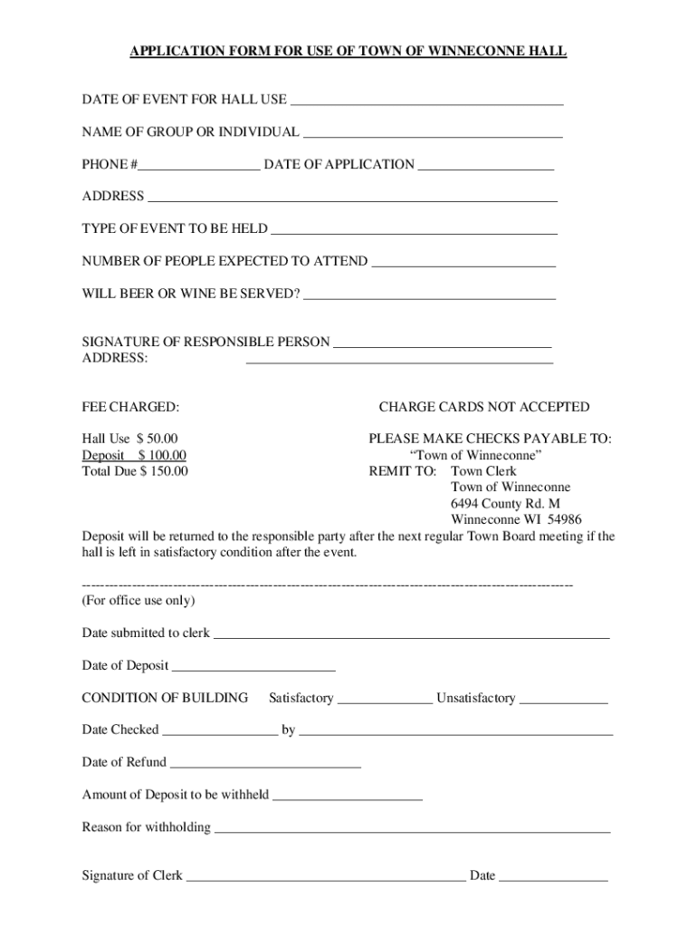 Fillable Online application form for use of town of winneconne hall Fax