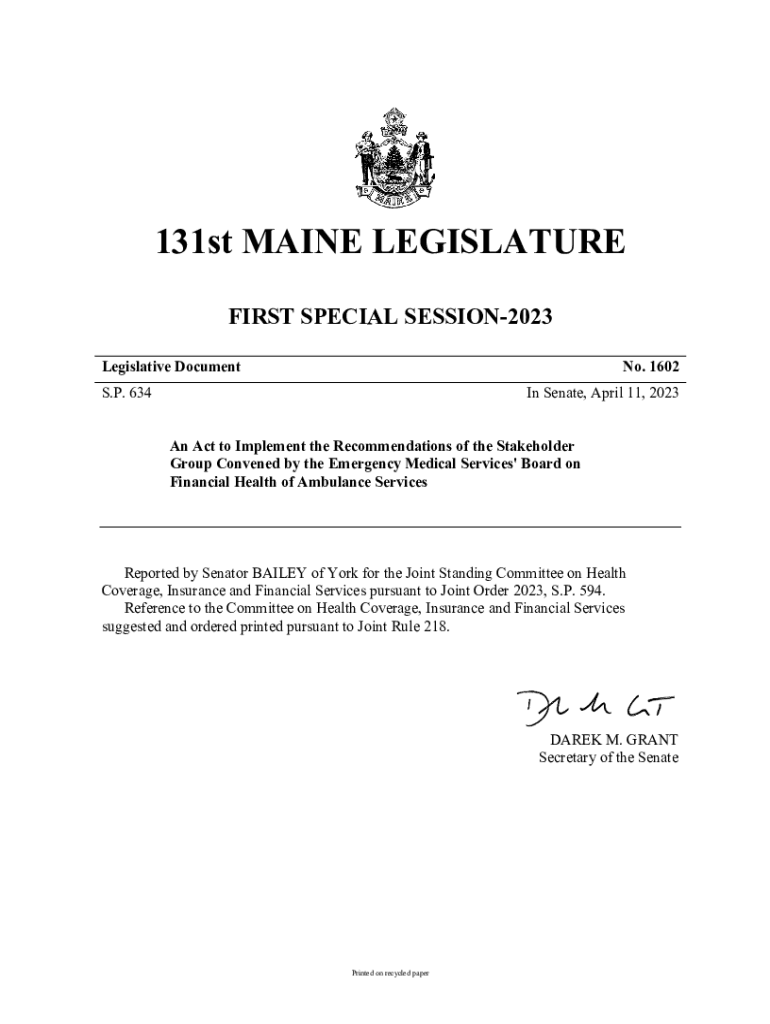 Fillable Online legislature maine LD 1602, SP 634, Text and Status, 131st Maine