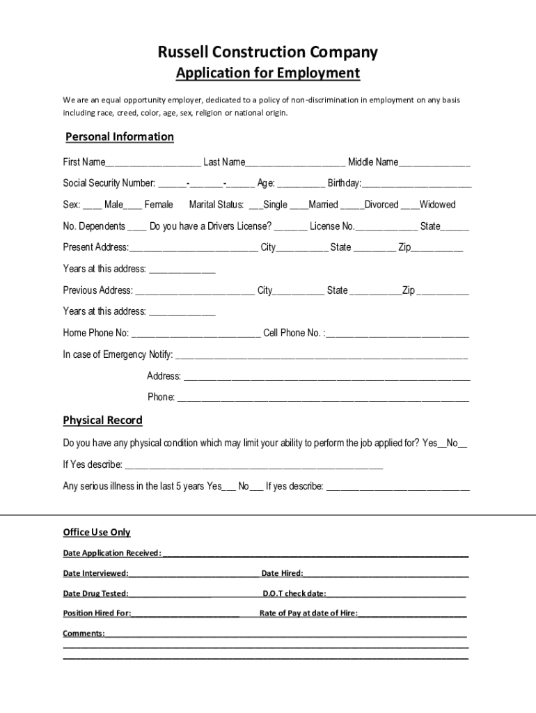 Fillable Online Russell Construction Company Application for