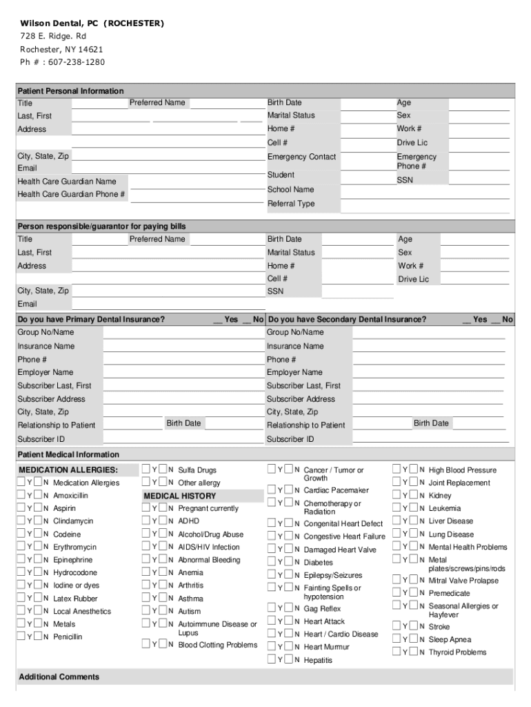 Fillable Online Wilson Dental, 728 E Ridge Rd, Rochester, New York Fax