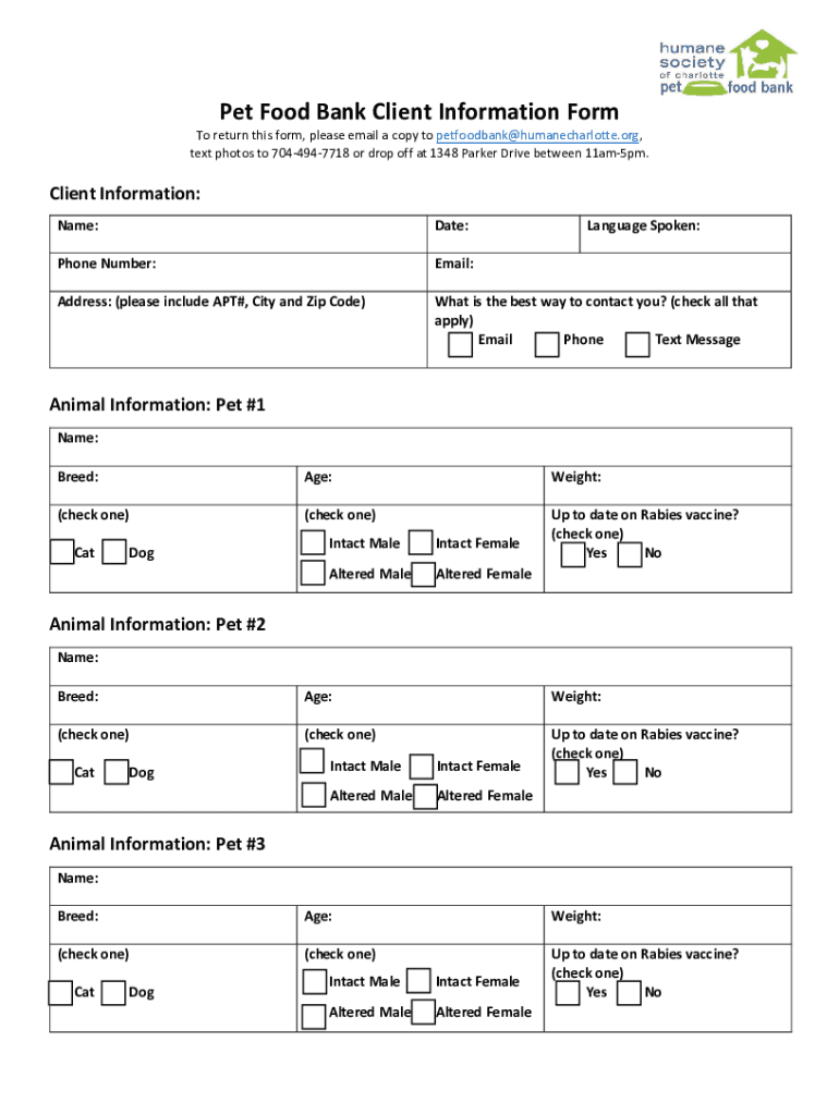 Fillable Online Pet Food Bank Client Information Form Fax Email Print