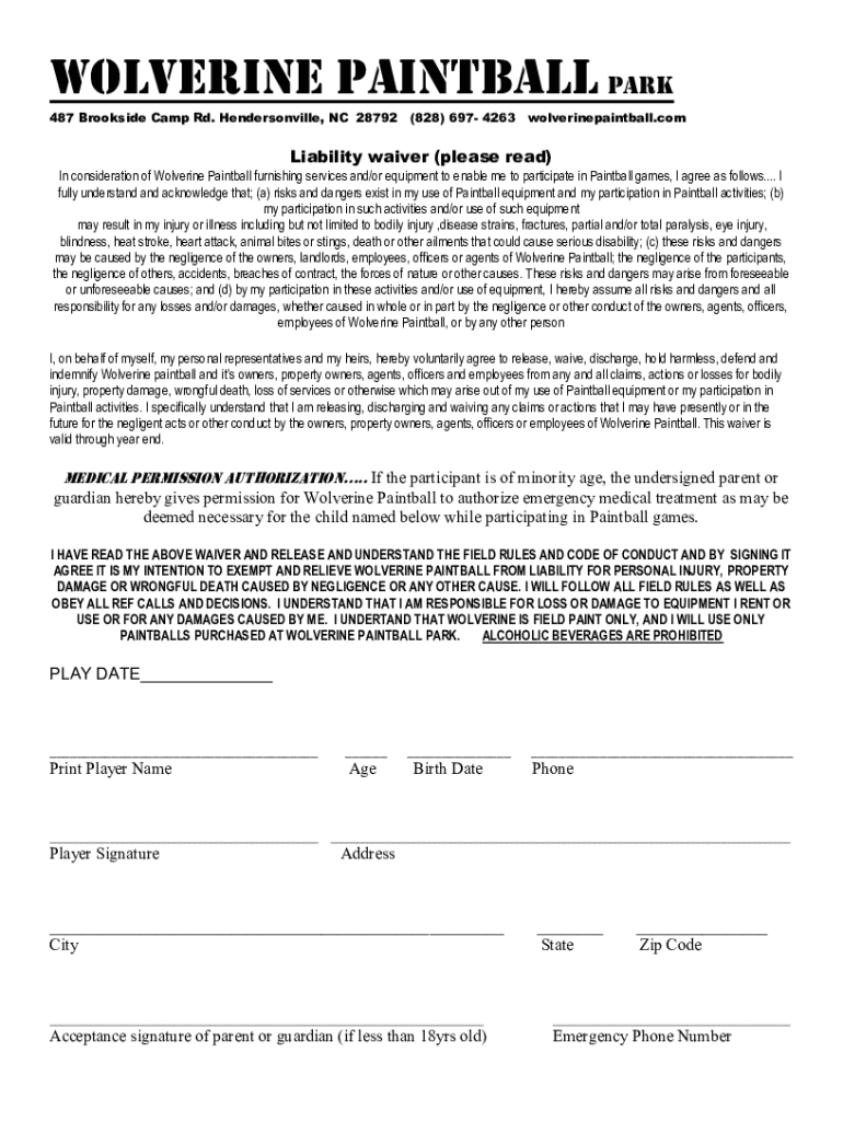 Fillable Online Wolverine Paintball Park (Hendersonville) All You