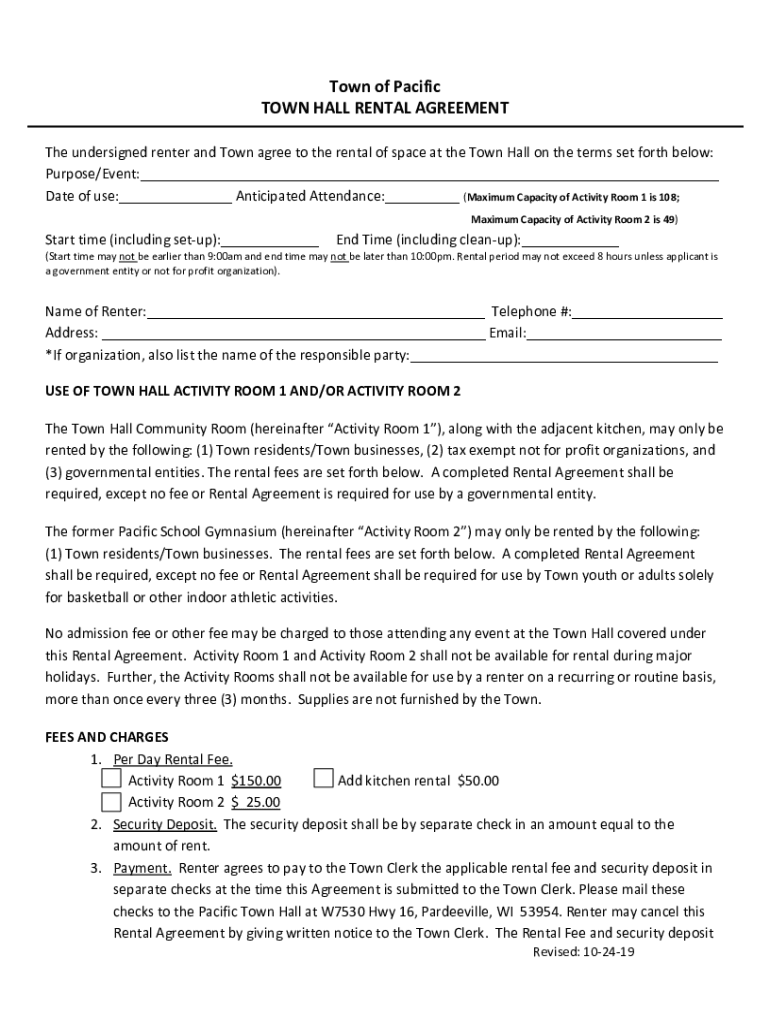 Fillable Online Town of Pacific TOWN HALL RENTAL AGREEMENT Fax Email