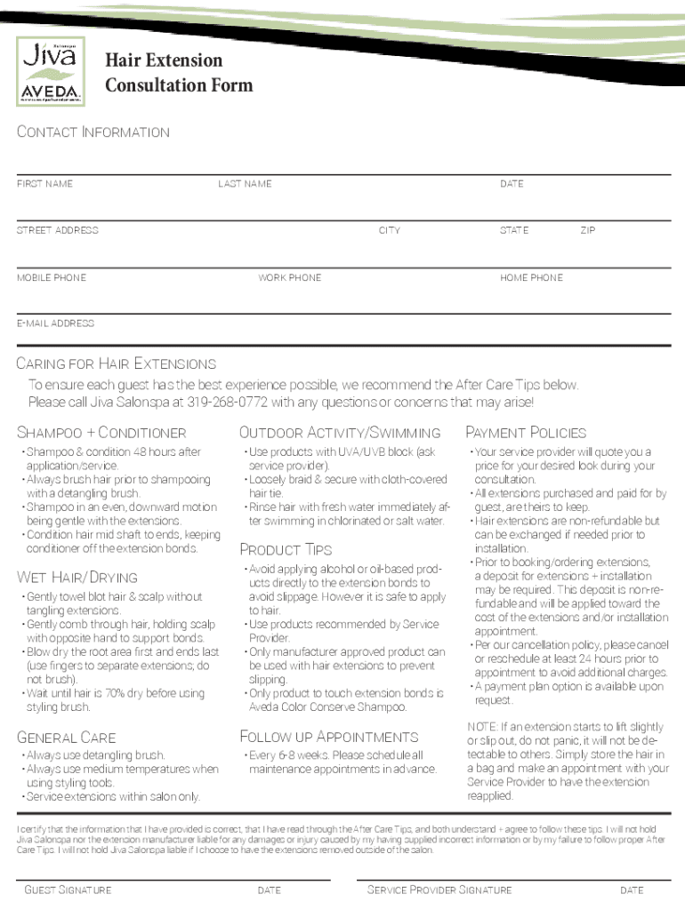 Fillable Online Hair Extension Consultation Form Template Fax Email