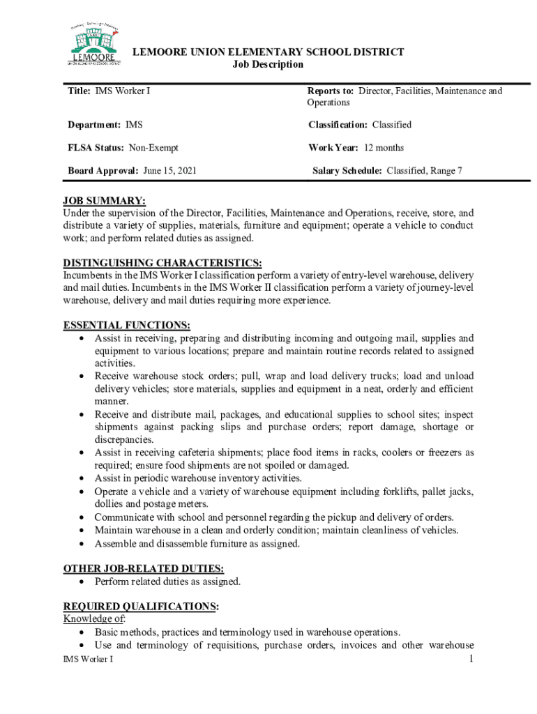 Fillable Online Job DescriptionsLemoore Union Elementary School