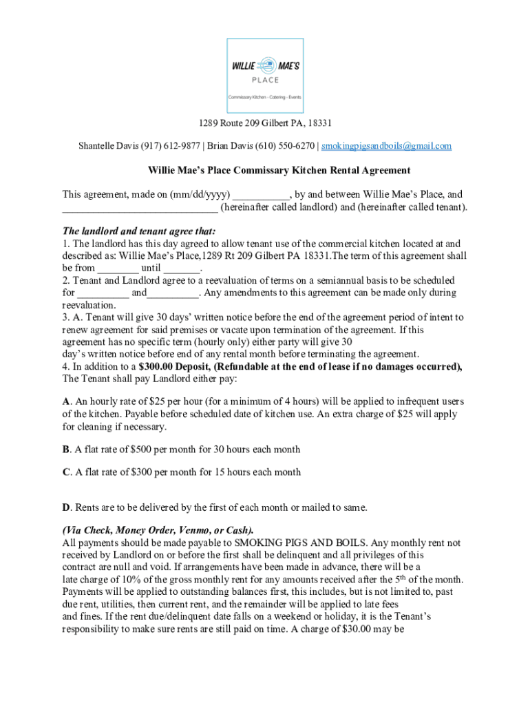 Fillable Online Willie Mae's Place kitchenrentalagreement Fax Email