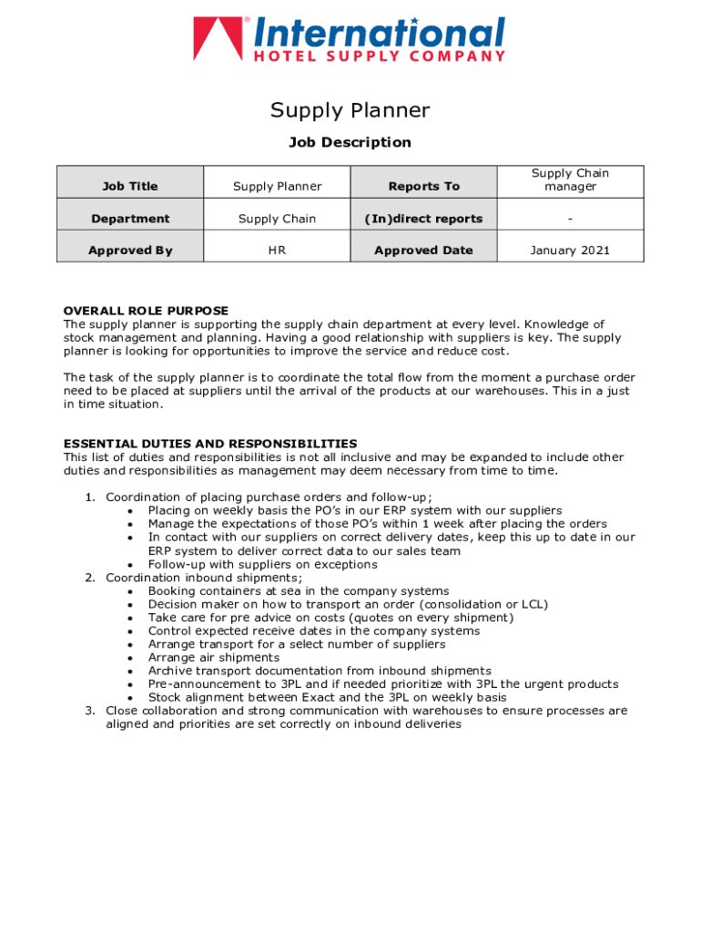 Fillable Online Supply Chain Planner Job DescriptionCareer Resource Fax