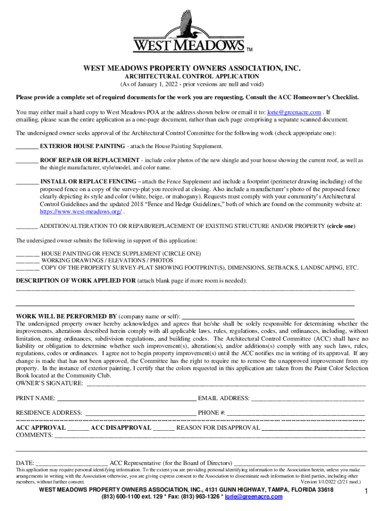 Fillable Online WEST MEADOWS ARCHITECTURAL CONTROL APPLICATION Fax