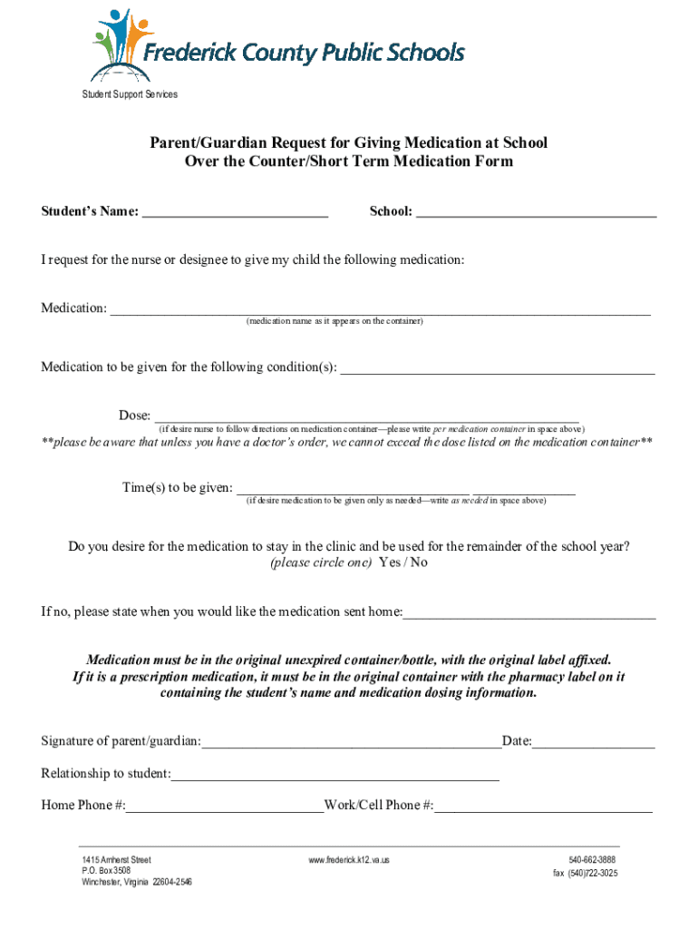 Fillable Online Request for Giving Medication at School Over the