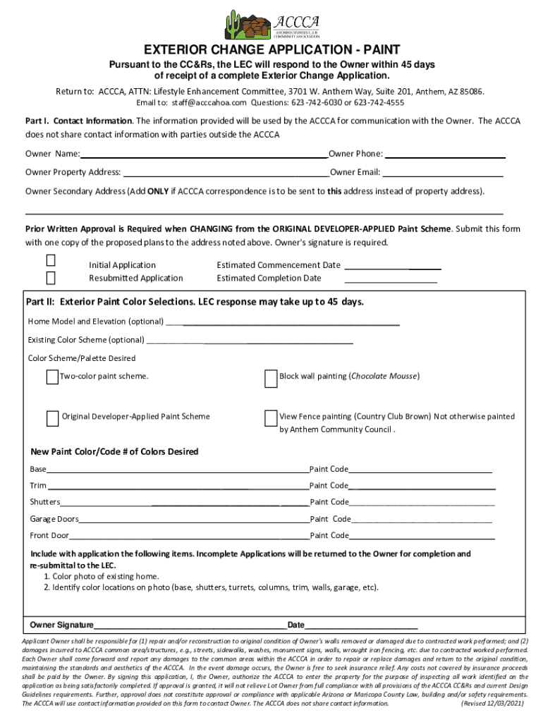 Fillable Online EXTERIOR CHANGE APPLICATION PAINT Fax Email Print