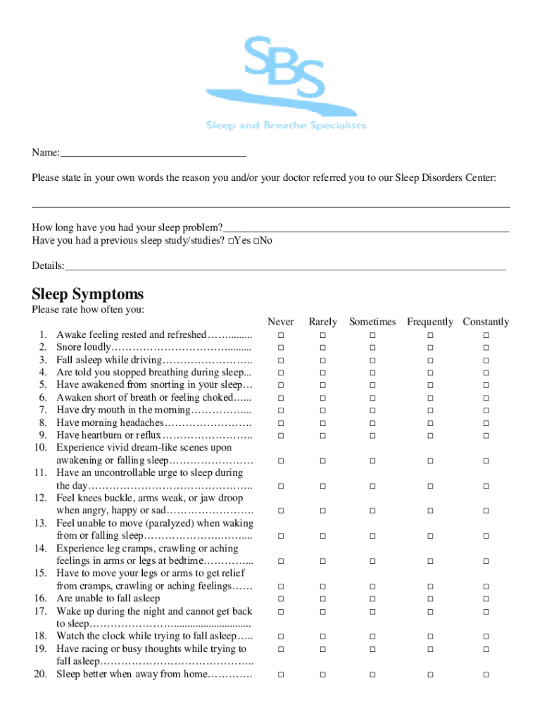 Fillable Online Sleep Symptoms Fax Email Print pdfFiller