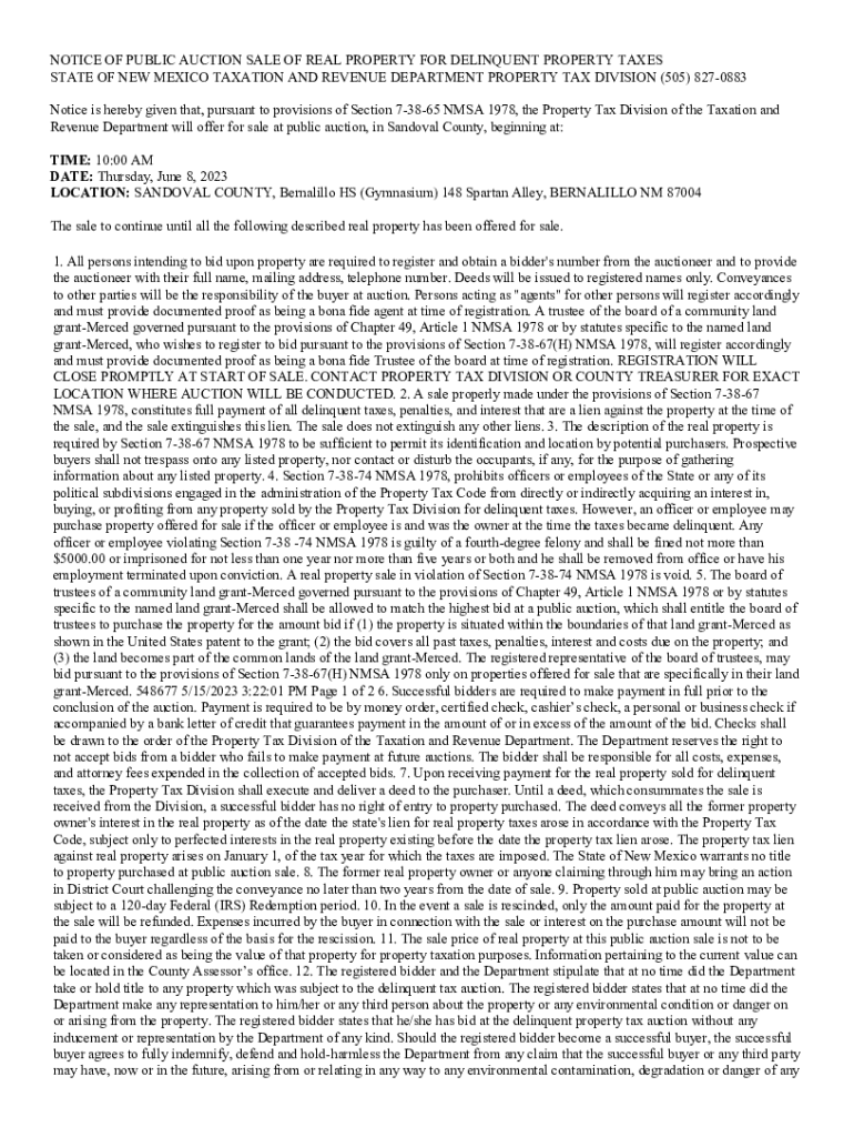 Fillable Online NOTICE OF PUBLIC AUCTION SALE OF REAL PROPERTY FOR