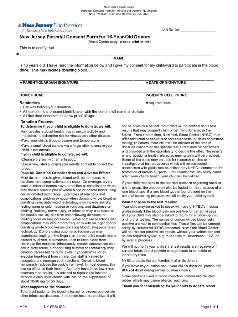 Fillable Online New Jersey Parental Consent Form for 16YearOld Donors