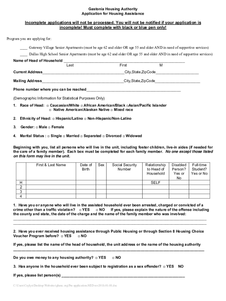 Fillable Online Gastonia Housing Authority Housing Application Fax